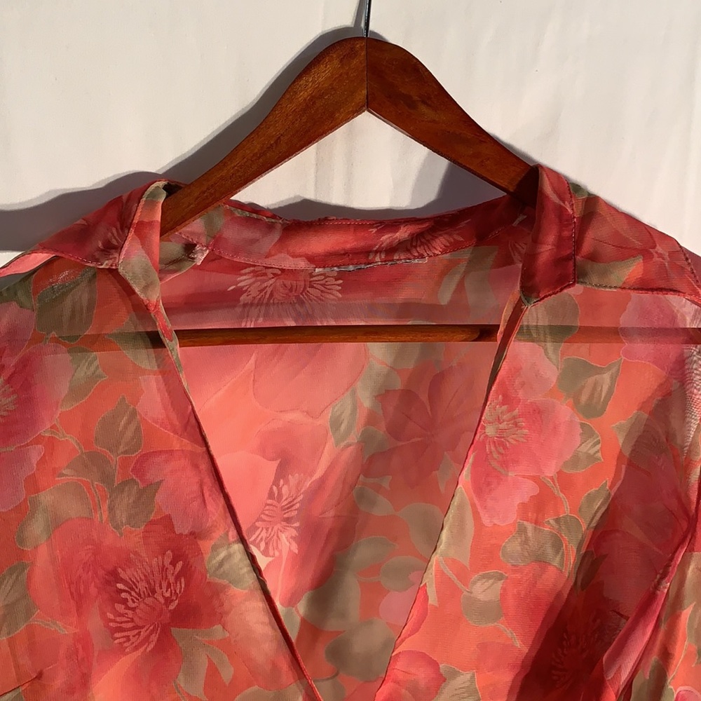 Vtg 90s Sheer Hawaiian Print Blouse Wrap Coverup - Picture 2 of 5